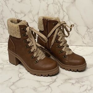 Brown Lace-Up Ankle Boots with Faux Fur Trim